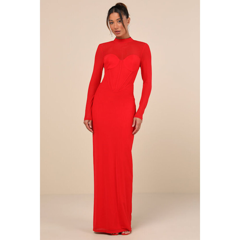 Lulus Sensational Appeal Red Mesh Cutout Long Sleeve Maxi Dress - Size M